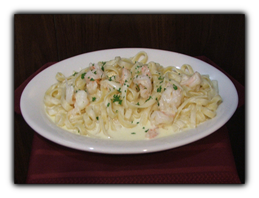 Fettuccini Al Gamberoni. Shrimp in Alfredo Sauce.