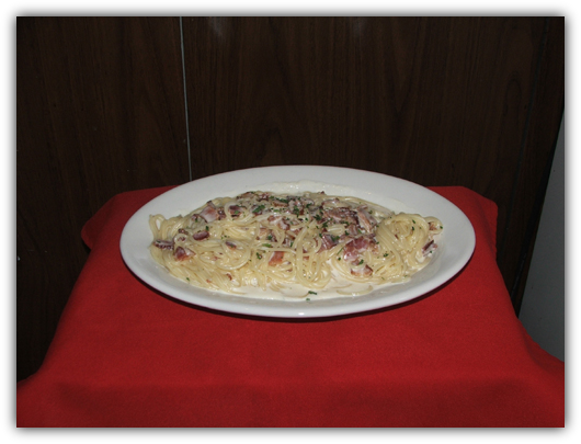 Spaghettini Carbonara with bacon and cream sauce.